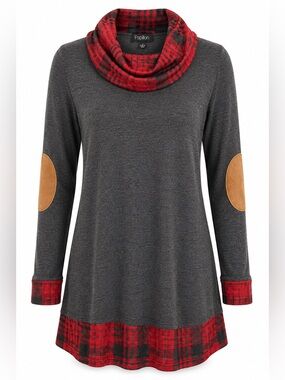 Papillon Plaid Cowl Neck Tunic Sweater Grey Red Small NWT